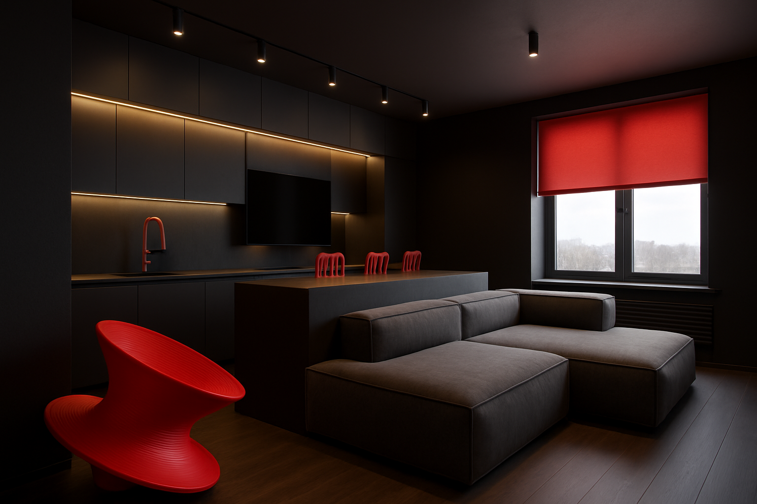 Черный стильный интерьер с алыми оттенками