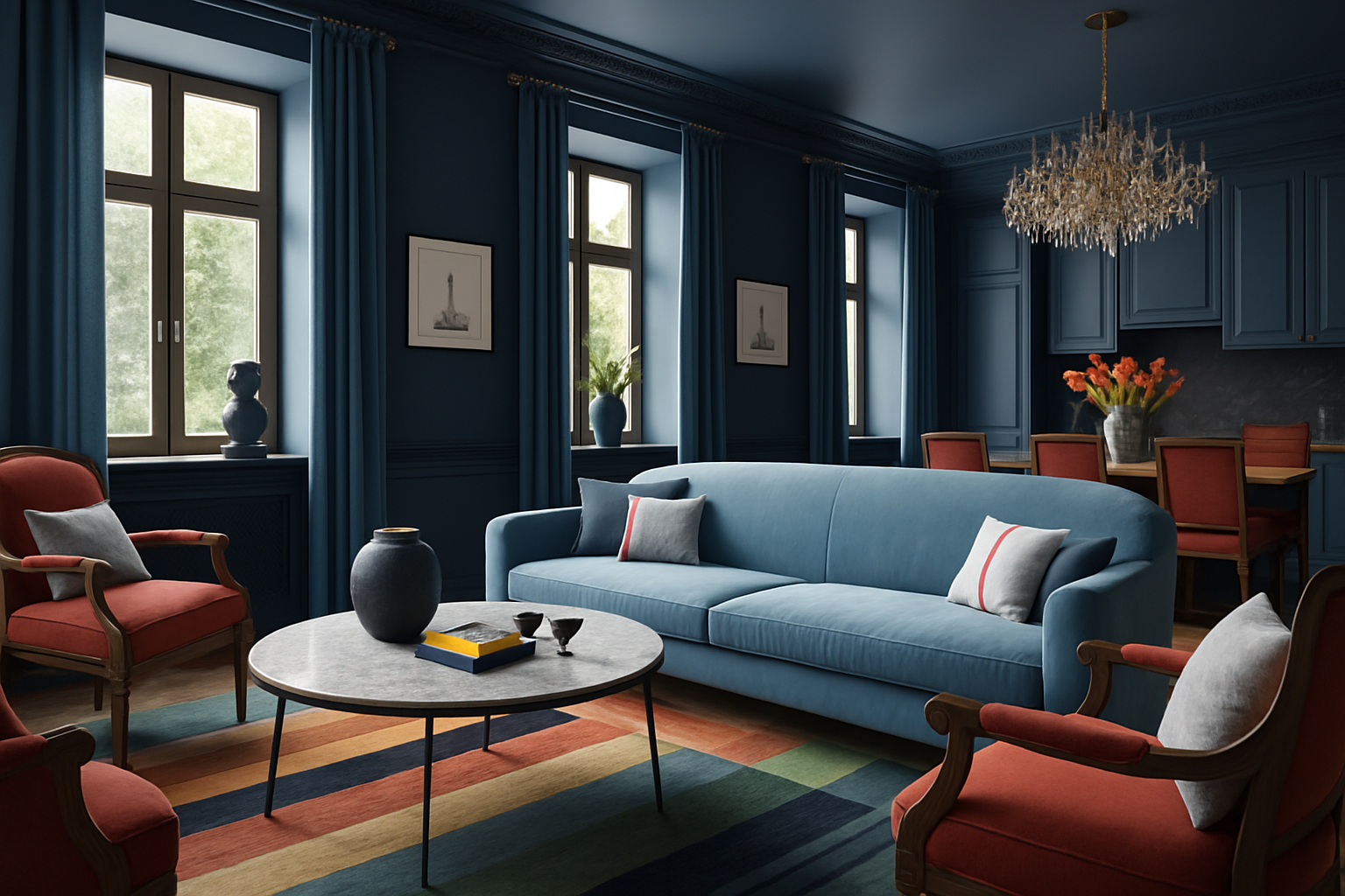 Цветные потолки с преобладанием глубокого синего