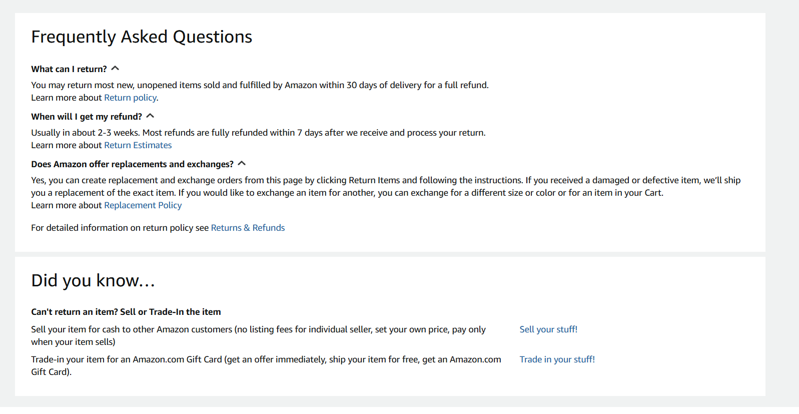 Раздел с FAQ на сайте Amazon