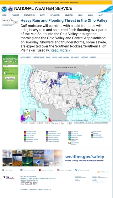Скриншот сайта weather.gov, на котором присутствует метеорологическая карта США с плохо читаемым обозначениями погоды.