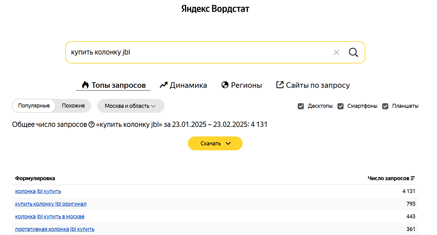 Статистика по запросу в Вордстате