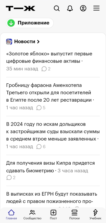 Скриншот мобильного сайта Т—Ж, на котором видна лента новостей и элементы меню внизу экрана.