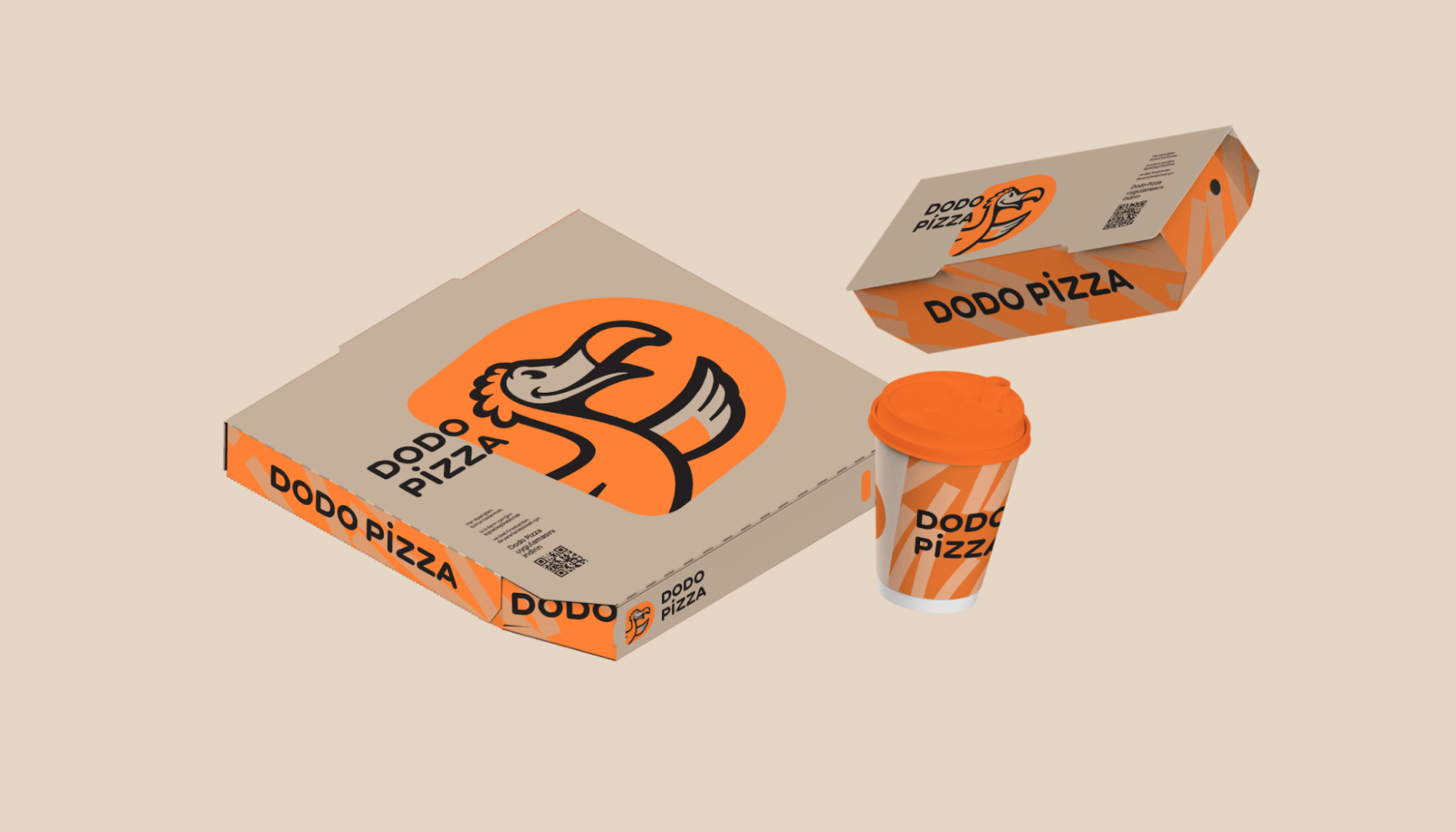Пример лого на разных носителях из брендбука Dodo Pizza