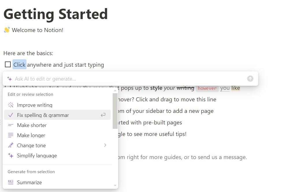 Интерфейс в Notion AI