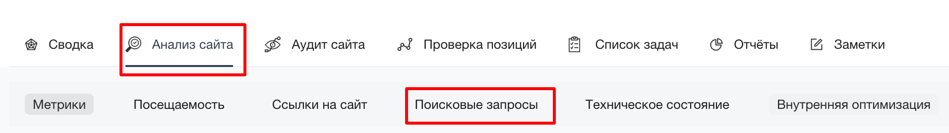 Поисковые запросы в сервисе для анализа сайта