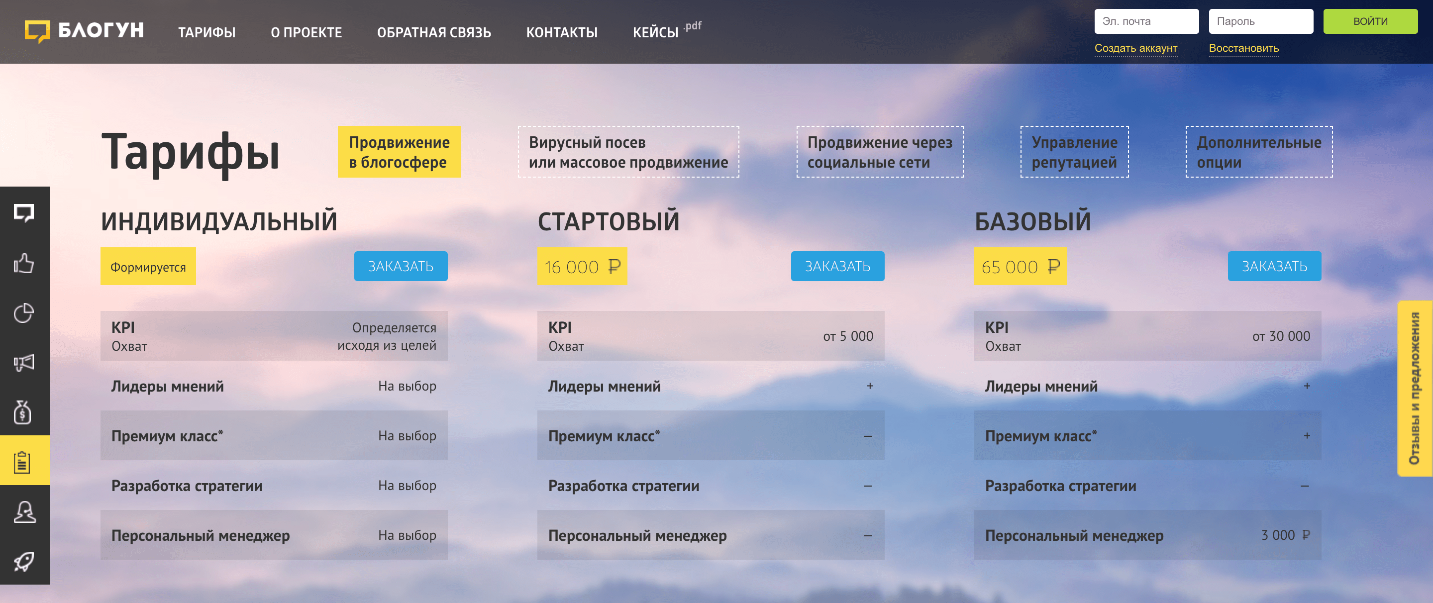 Blogun — тарифы сервиса
