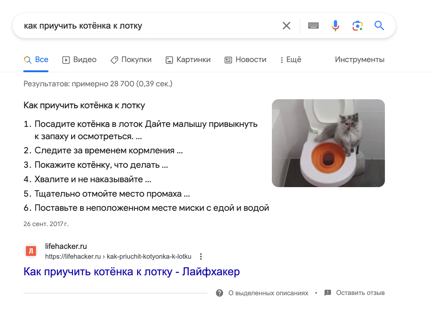 Пример выдачи по заданному запросу