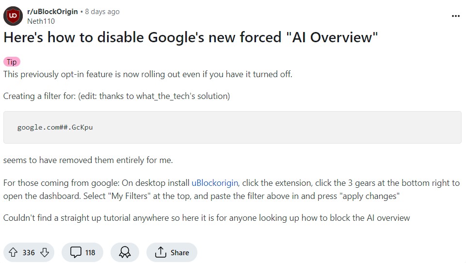 Инструкция по отключению AI Overviews