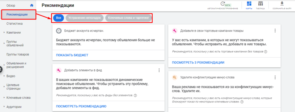 Раздел рекомендации в Google Ads