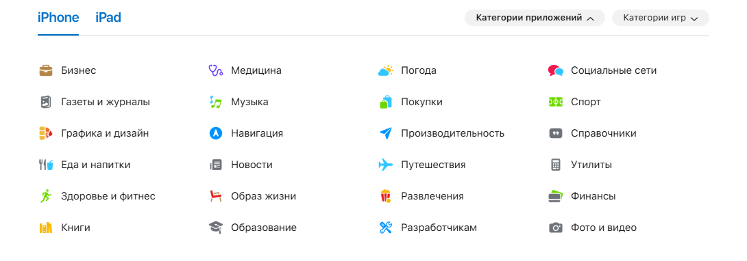 Список категорий в банке приложений
