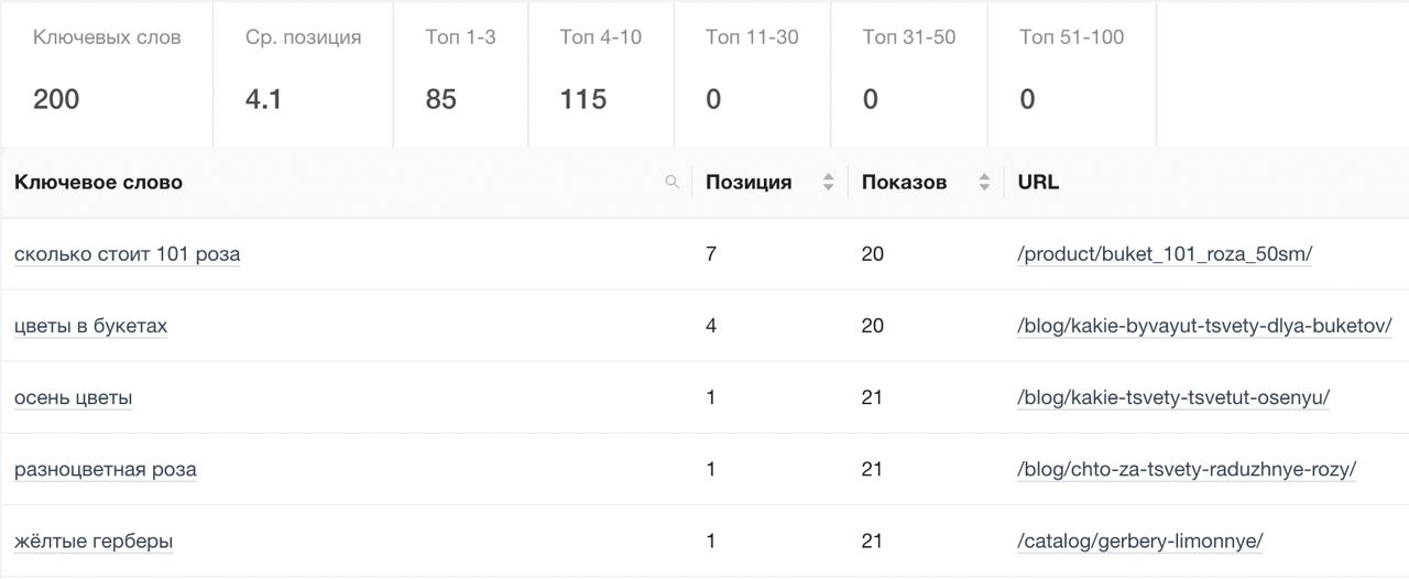 Позиции страниц сайта в выдаче