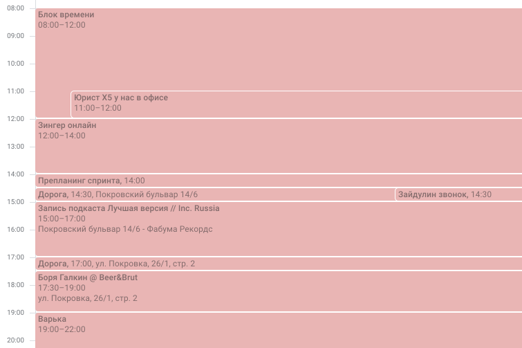 Пример расписания на день с личными и рабочими планами