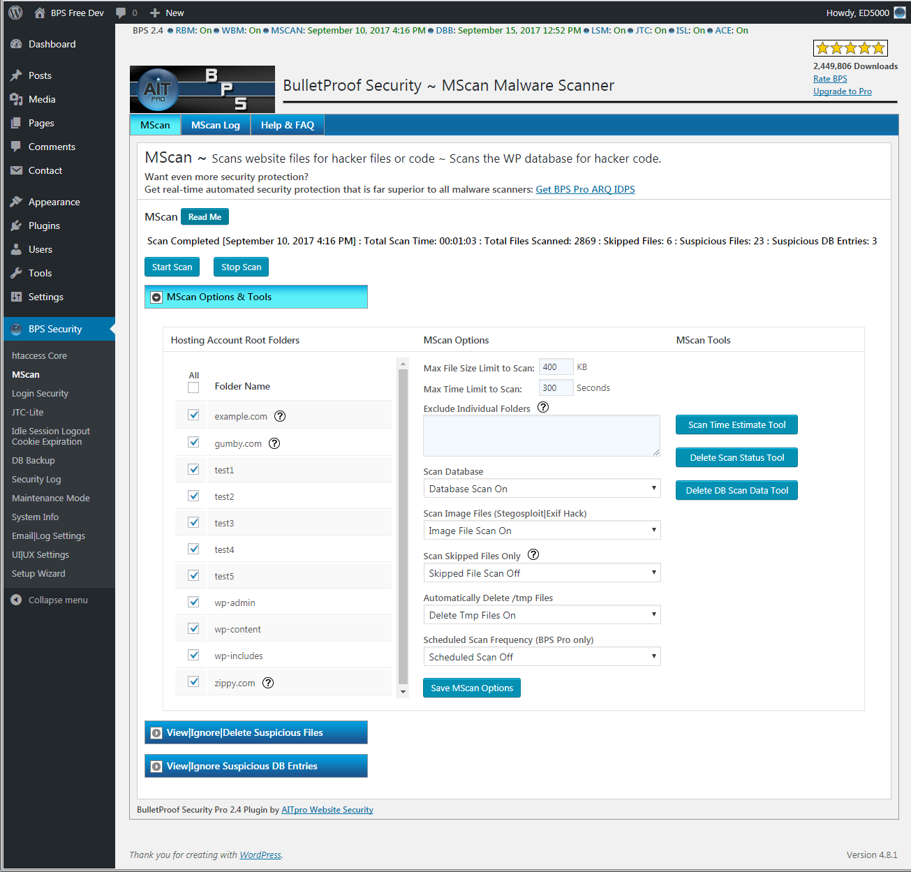 Управление плагином безопасности Вордпресс