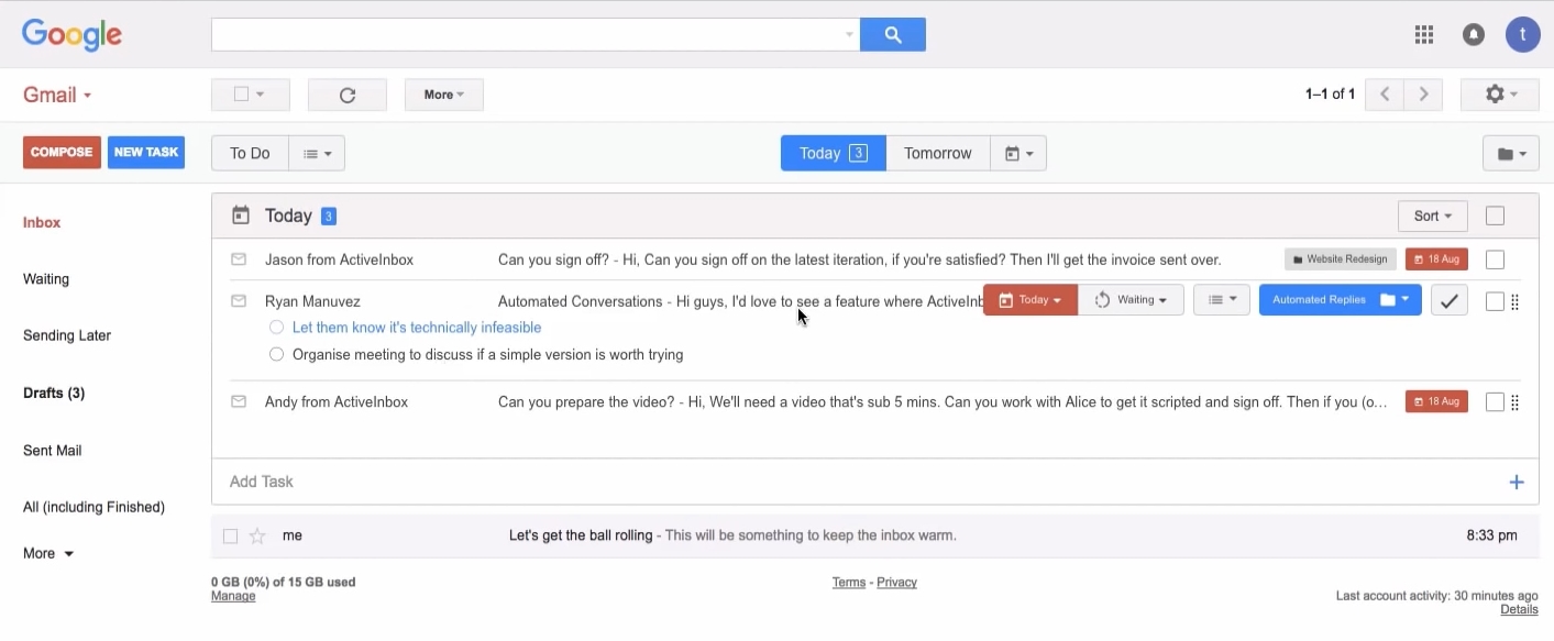 Отметки о выполнении задач в email