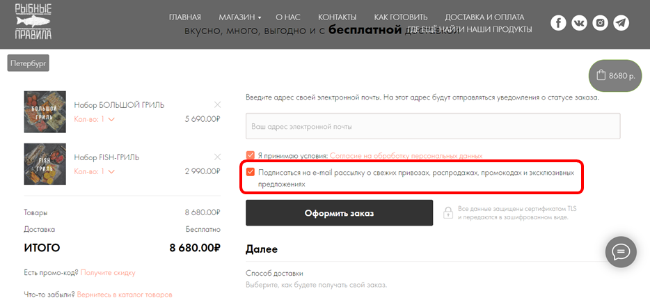 Подписка на рассылку в корзине на сайте